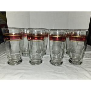 Vintage Footed Libbey Glasses (8) with Gold and Pink/Red Stripes 12oz.